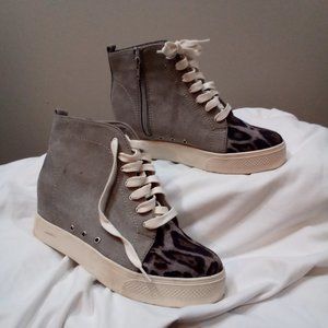 Very G grey suede high top tennis shoe, lace up, leopard print accents, zip up